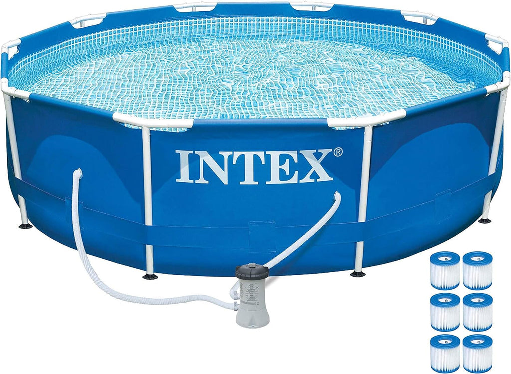 Intex 4 Person Metal Frame Outdoor Above Ground Pool Set with Drain Plug, Filter Pump, and 6 Type H Replacement Filter Cartridges, Blue