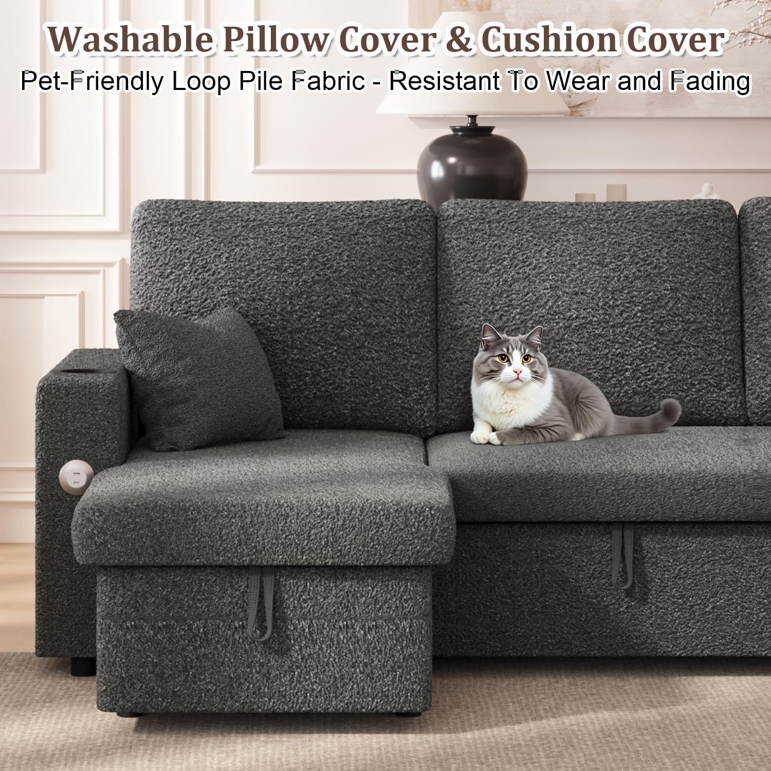 Sleeper Sofa Bed, 4-in-1 Pull Out Couch with Reversible Chaise | Dual USB & Type-C Charging | Dual Cup Holders | Layered Storage (Armrest + Chaise) for Living Room, Apartment, Home Office (Dark Gray)