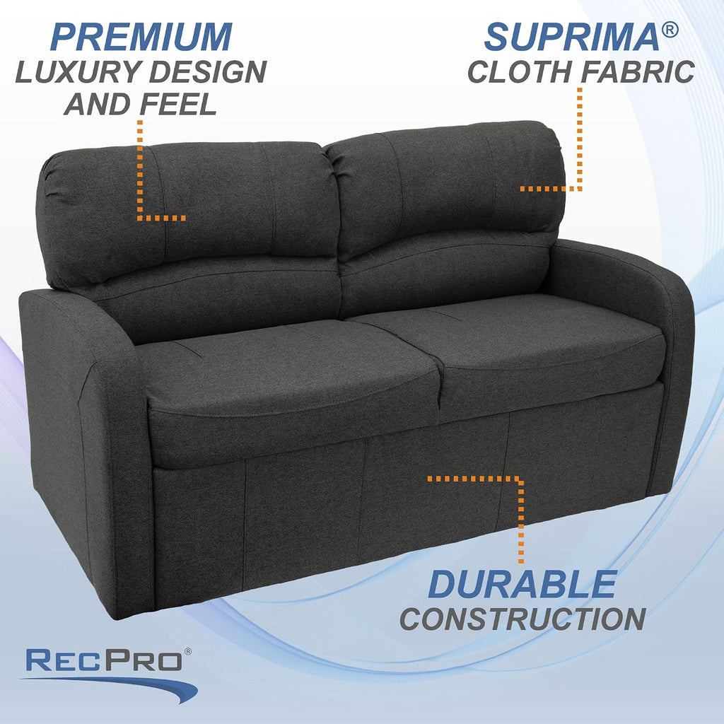 RecPro 60' RV Jack Knife Sofa with Arms | RV Sleeper Sofa | Camper Couch | Slideout Living Room Furniture | Cloth (Fossil)