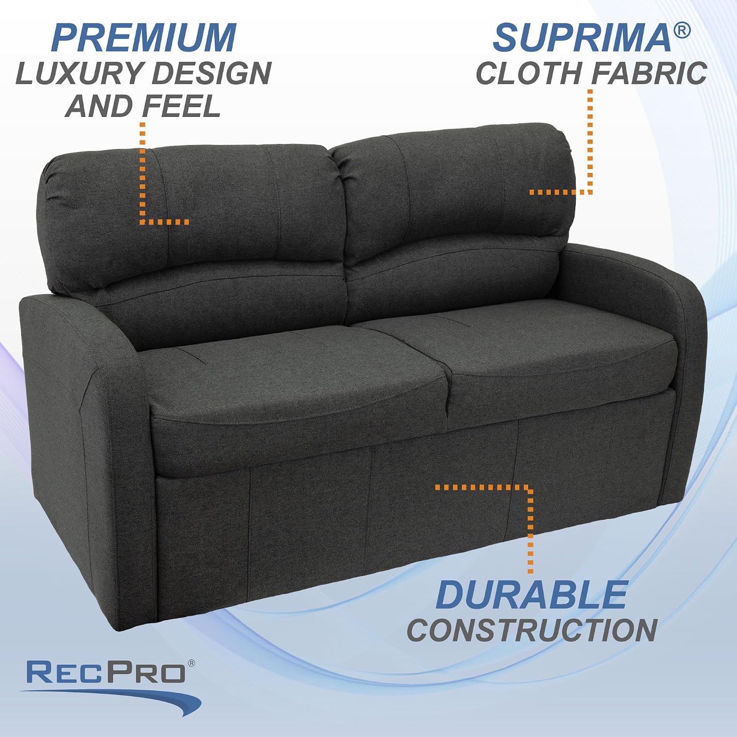 RecPro 60' RV Jack Knife Sofa with Arms | RV Sleeper Sofa | Camper Couch | Slideout Living Room Furniture | Cloth (Fossil)