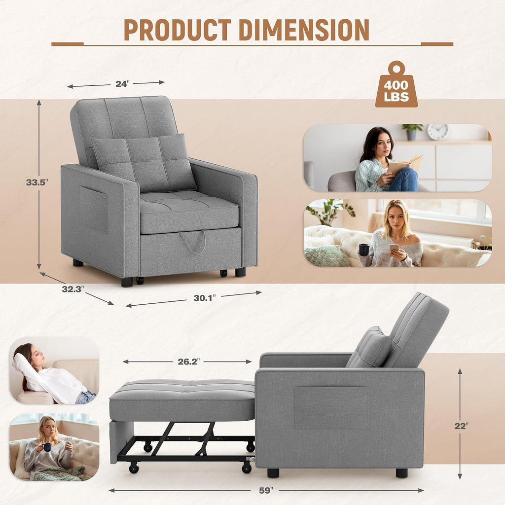 Flamaker Sofa Bed, Sleeper Sofa 3-in-1, Adjustable Couch Bed with Modern Linen Fabric, Convertible Sleeper Chair, Couches for Living Room, Apartment and Small Space (Bright Gray)