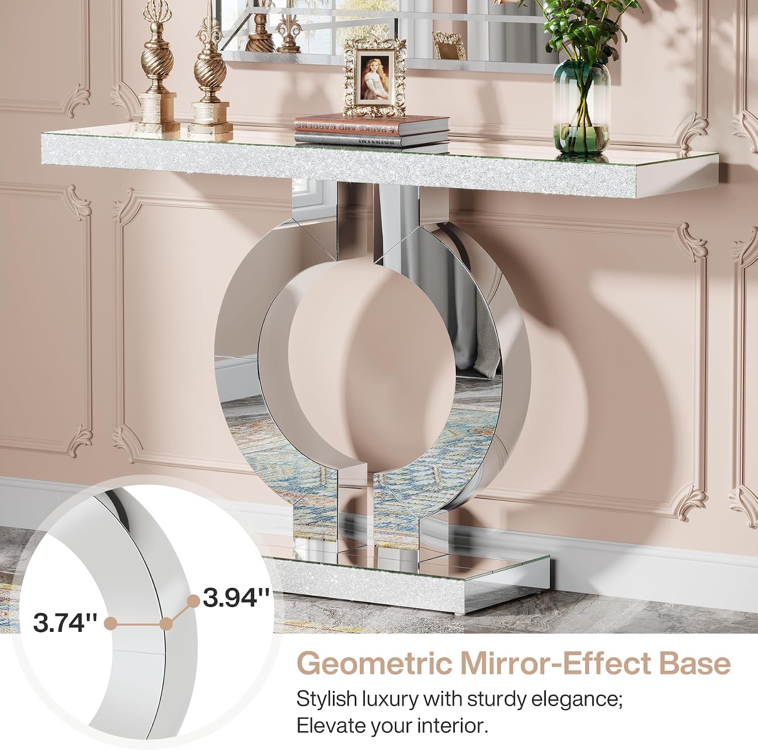 Tribesigns Modern Mirrored Console Table, Glass Sofa Table with Mirror Finish, 43-Inch Entryway Table with O-Shaped Base, Rectangular Accent Foyer Table for Living Room Hallway Entrance (Silver)