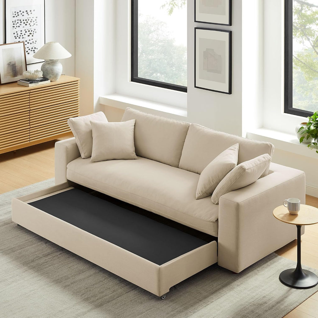 Modway Commix Down Filled Fabric Sleeper Sofa in Light Beige