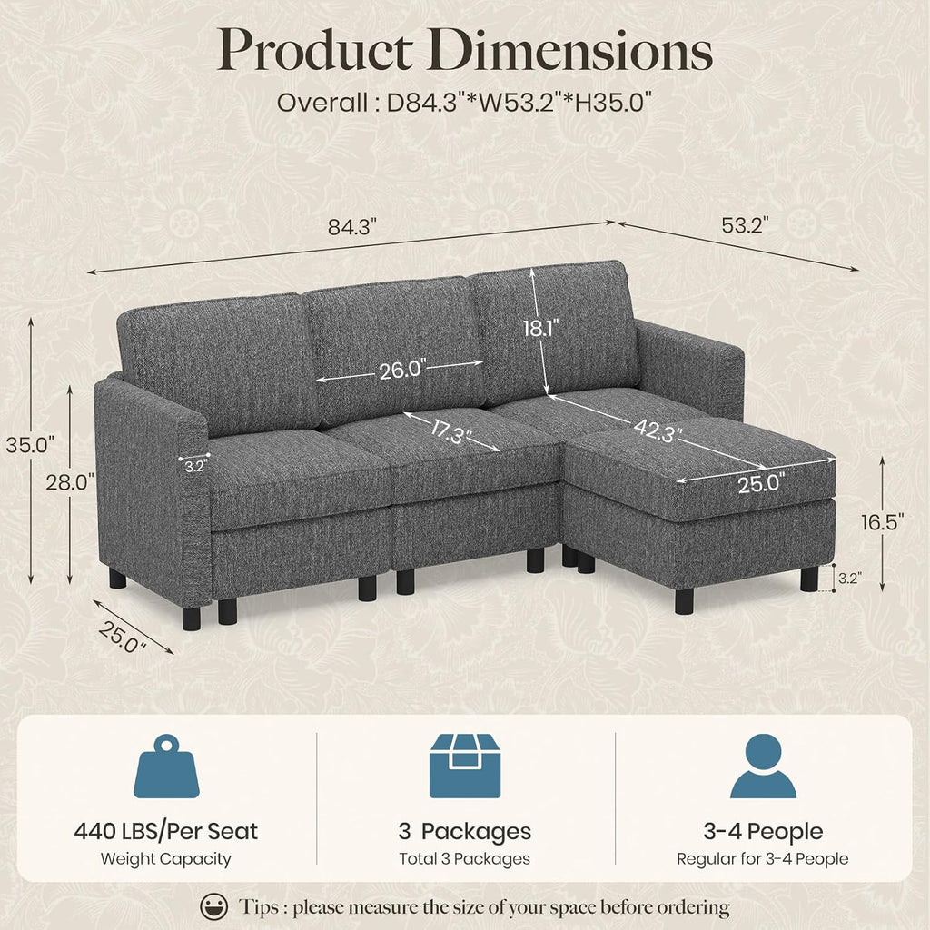 Belffin 84.3' 4 Seats L Shaped Couch Modular Sectional Sofa Washable Sectional Couches for Living Room Comfy Couches with Storage Seat Couch Sofas with Chaise,Grey