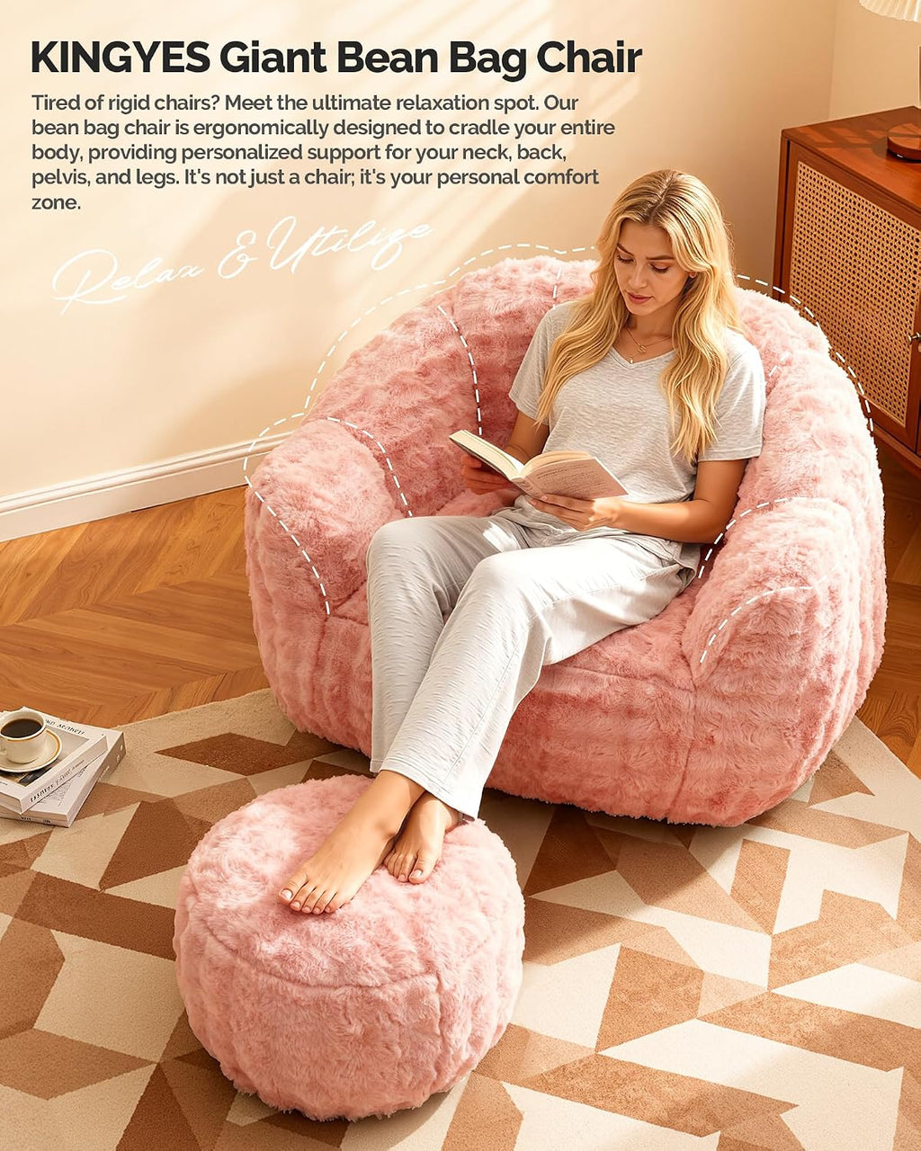 KINGYES Bean Bag Chair, Giant Bean Bag Couch with Memory Foam Filled, Gaming Beanbag Chair for Adults, Bean Bag for Kids & Teen, Pink