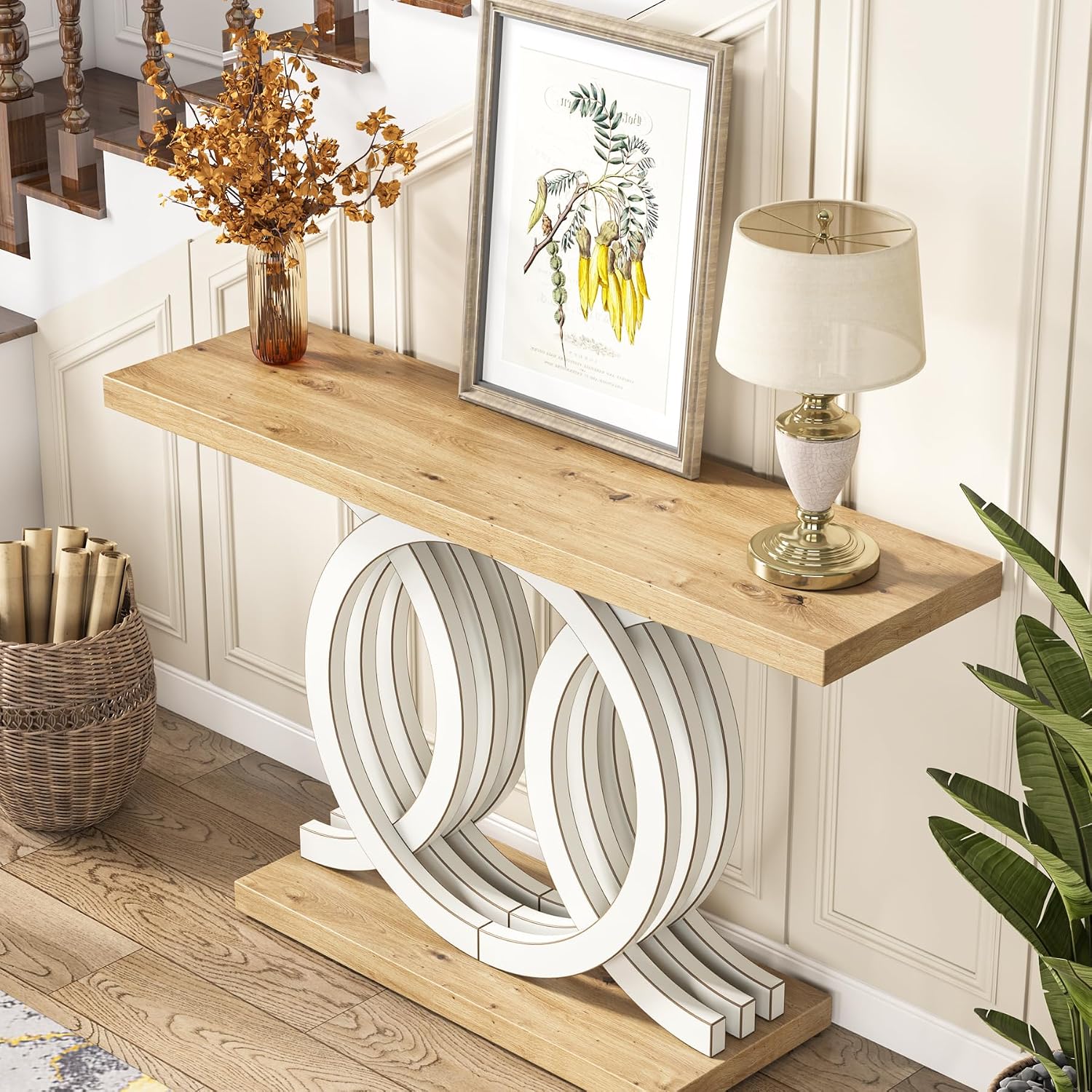 Tribesigns 55 in Console Table with Geometric Base, Modern Hallway Table, Wooden Entryway Table, Foyer Sofa Table, Unique Long Accent Table for Decoration and Organization (White) Brand