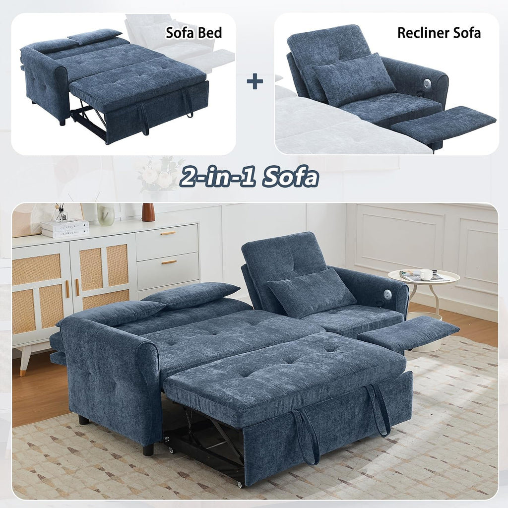 Merax 2-in-1 Convertible Sofa Bed & Recliner Sofa, 82' 3-Seater Sofa, Pull-Out Sleeper Sofa, 3 Level Adjustable Backrest, Reversible Left/Right, with USB Charging Ports, Easy to Assemble (Blue)