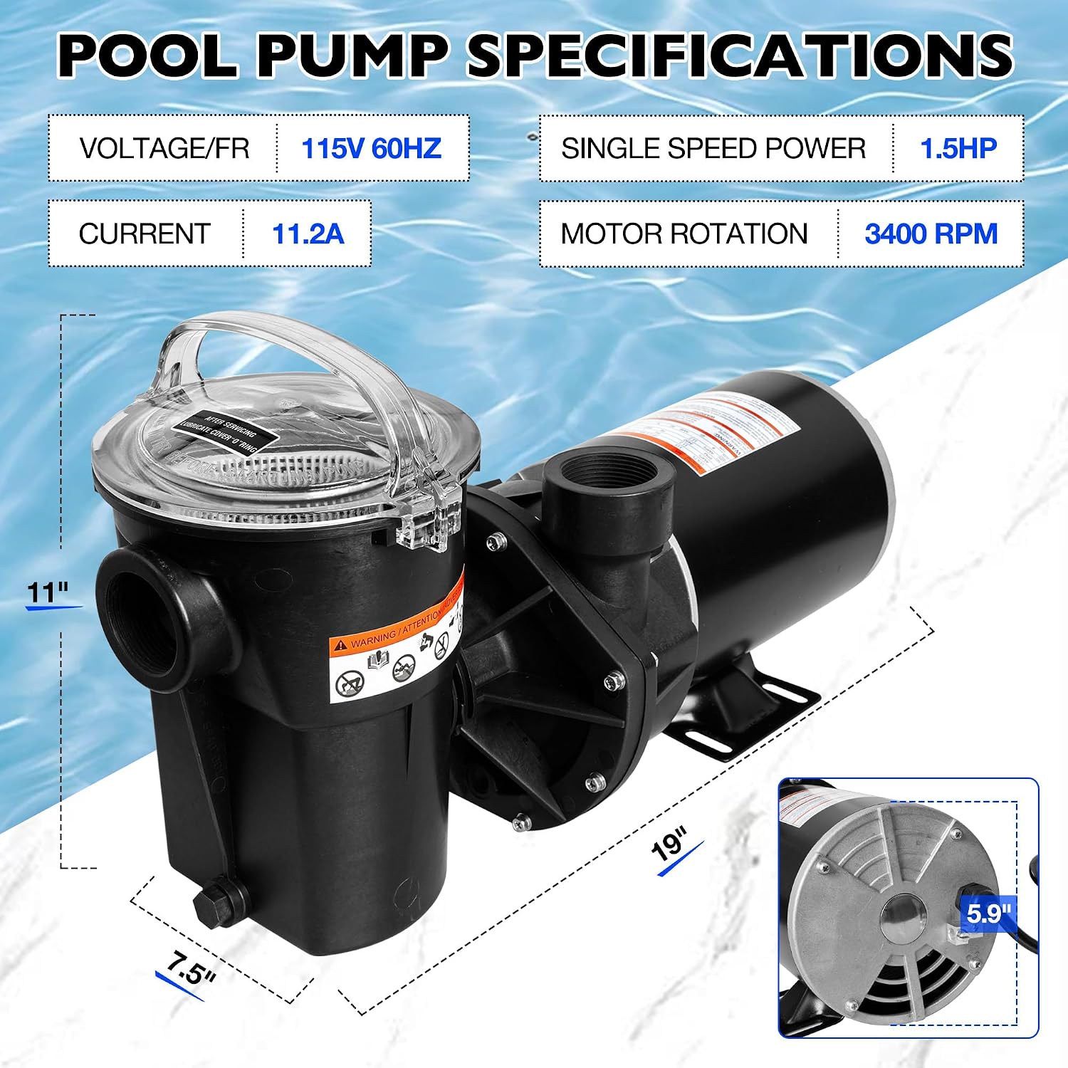 Pool Pump 1.5 HP Replacement for Hayward PowerFlo LX Series W3SP1580X15, Above Ground Swimming Pool Pump Motor – Single Speed 115V 48Y Frame