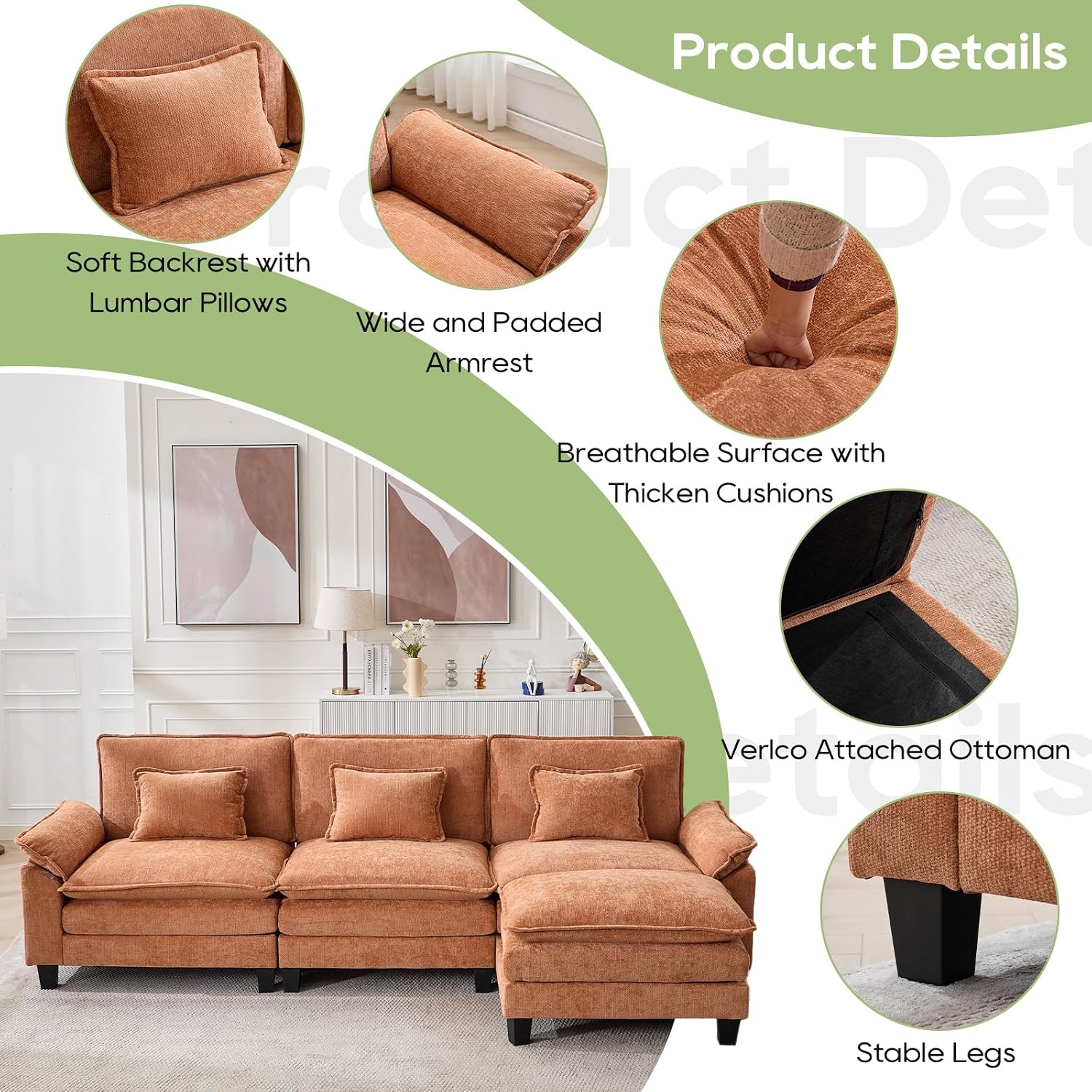 Oprisen 120' Modular Sectional Sofa, Comfy Cloud Couch Sectional Sofa with Ottoman, Chenille Sofa Sleeper Deep Seat Sofa with Throw Pillows for Living Room (Orange, 120'- L Shape)