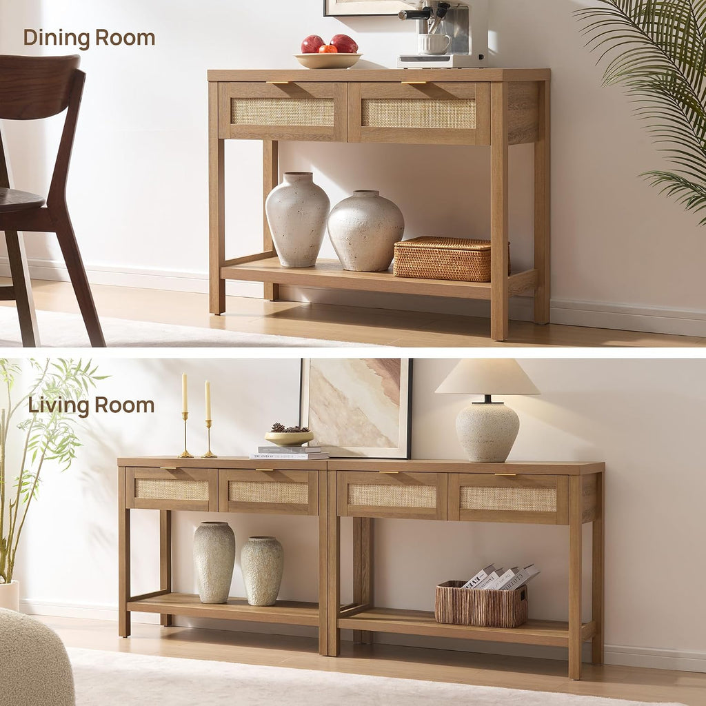 SICOTAS Console Table with Rattan Drawers - Boho Rattan Entryway Table with Storage, Small Console Tables for Entryway, Entry Tables for Hallway