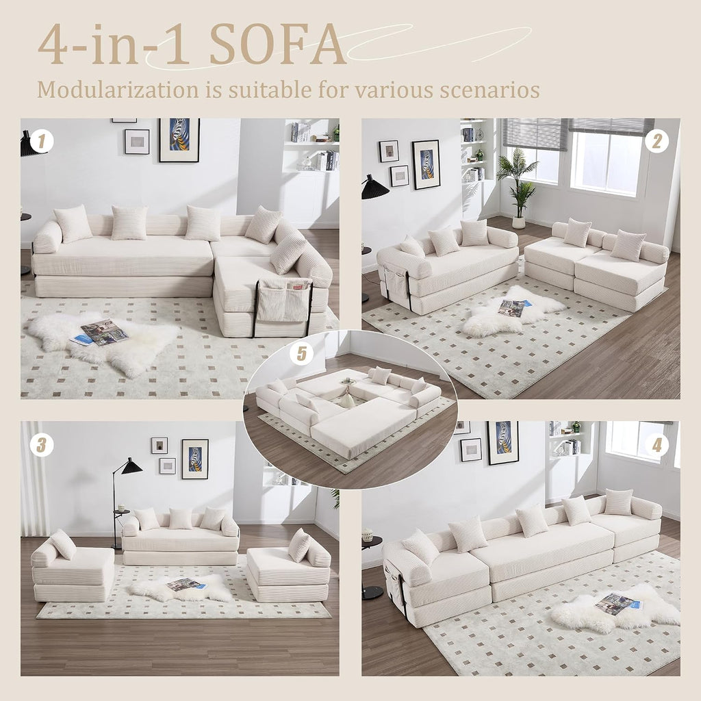 106' Oversized Convertible Sleeper Sofa Bed, Corduroy L Shape Sectional Couch, Folding Sofa Bed with Side Pocket, Modern Cloud Floor Mattress Couch, Modular Sofa for Living Room, Beige