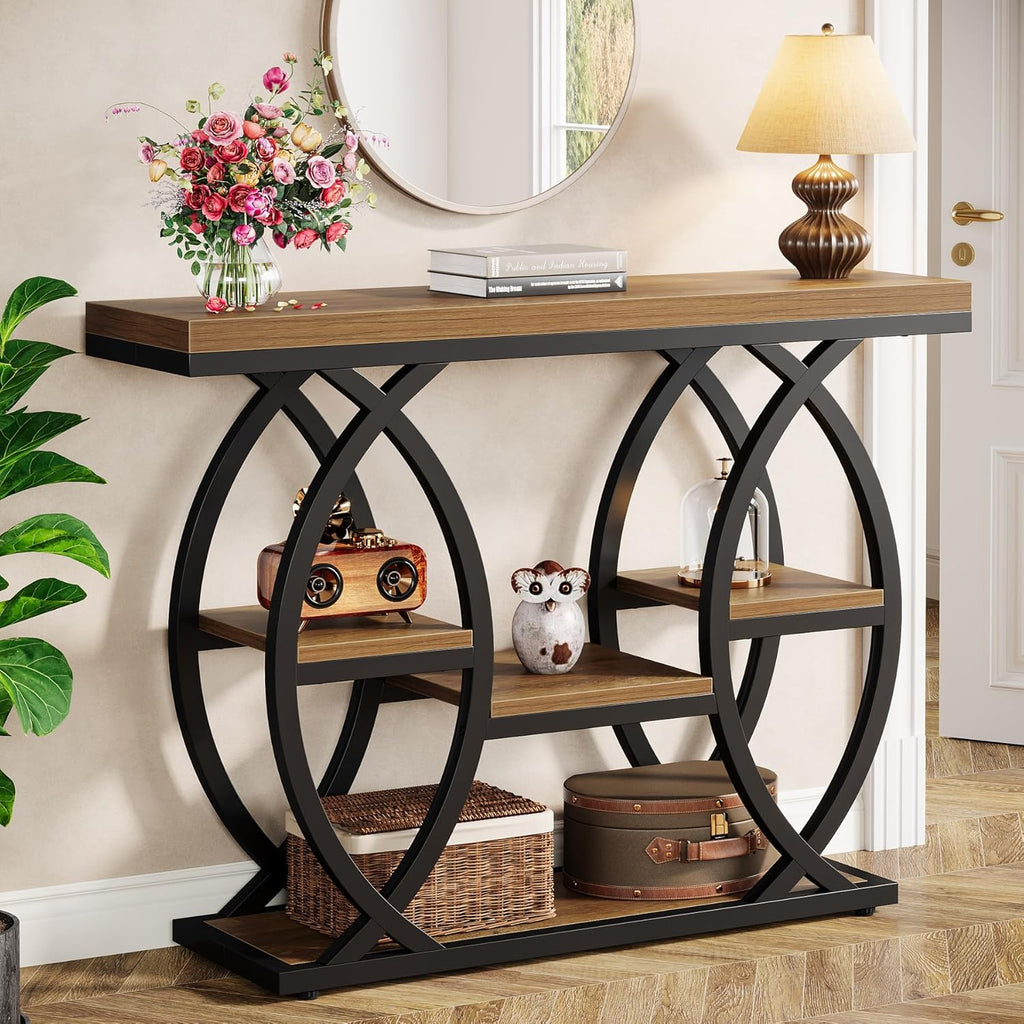 Tribesigns 39.4' Console Table, Industrial 4-Tier Sofa Table Entryway Table with Storage Shelves, Narrow Wood Accent Tables with Metal Frame for Small Spaces, Hallway, Foyer, Brown