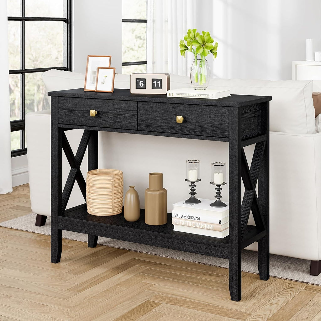 Lomojo Console Table,Sofa Table 13.8' D x 39.37' W x 31.5' HEntryway Table with 2 Drawers Storage Shelve Foyer Table for Entryway Farmhouse Hallway Tables (Black)