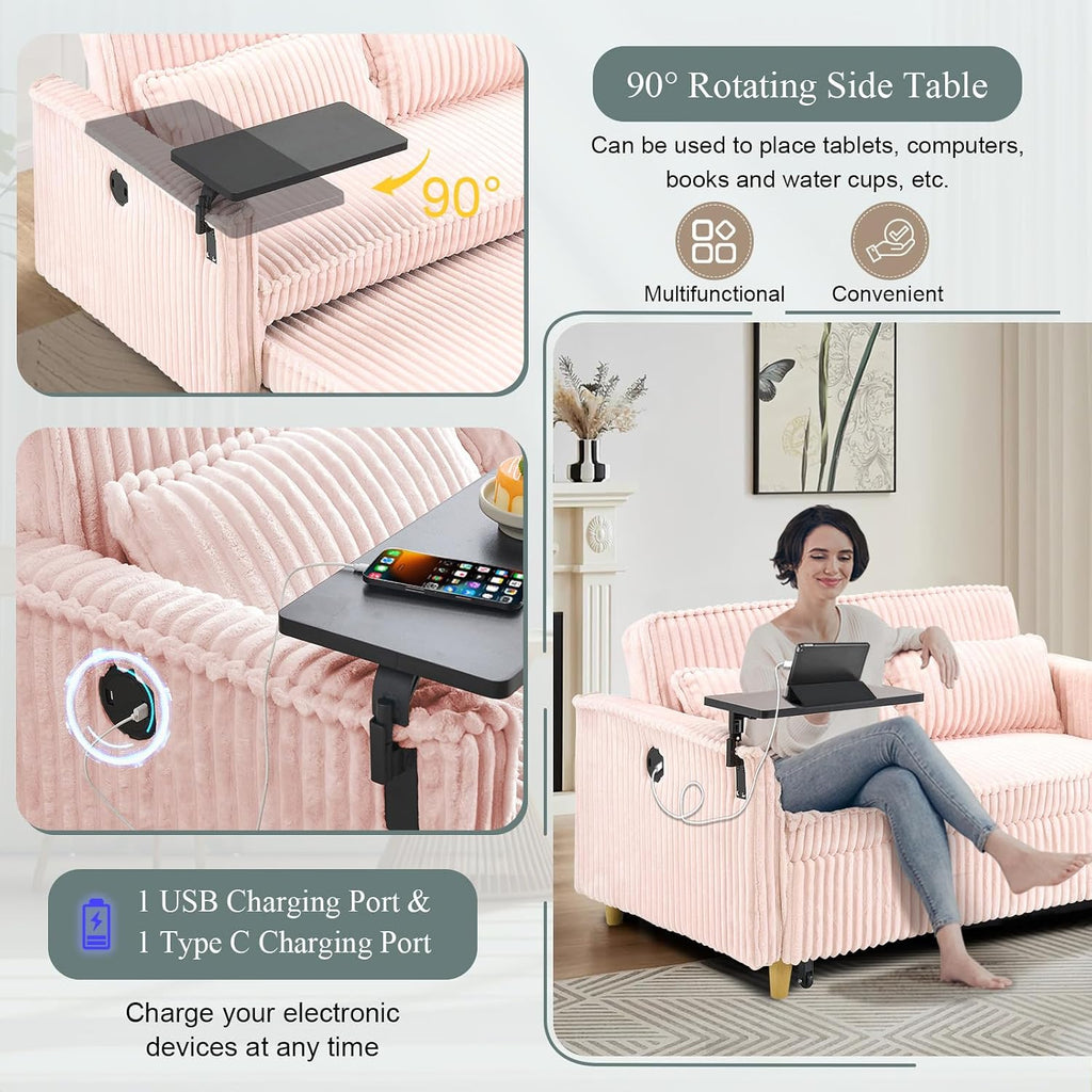54'W Convertible Sleeper Sofa Bed,3-In-1 Corduroy Pull Out Couch Bed,Futon Loveseat Sleeper Couch with Adjustable Backrest & USB Ports & Side Table,Recliner for Living Room/Office/Small Space(Pink)