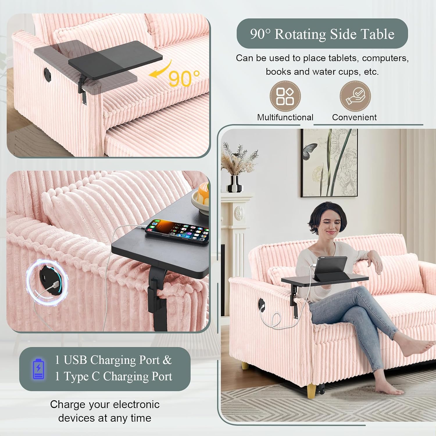 54'W Convertible Sleeper Sofa Bed,3-In-1 Corduroy Pull Out Couch Bed,Futon Loveseat Sleeper Couch with Adjustable Backrest & USB Ports & Side Table,Recliner for Living Room/Office/Small Space(Pink)