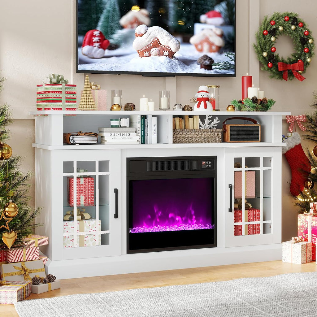 COSTWAY Electric Fireplace TV Stand for TVs Up to 55 Inches with LED Lights, 1400W Fireplace Insert with Remote, 48-Inch Wooden Media Entertainment Center with Adjustable Shelves, White