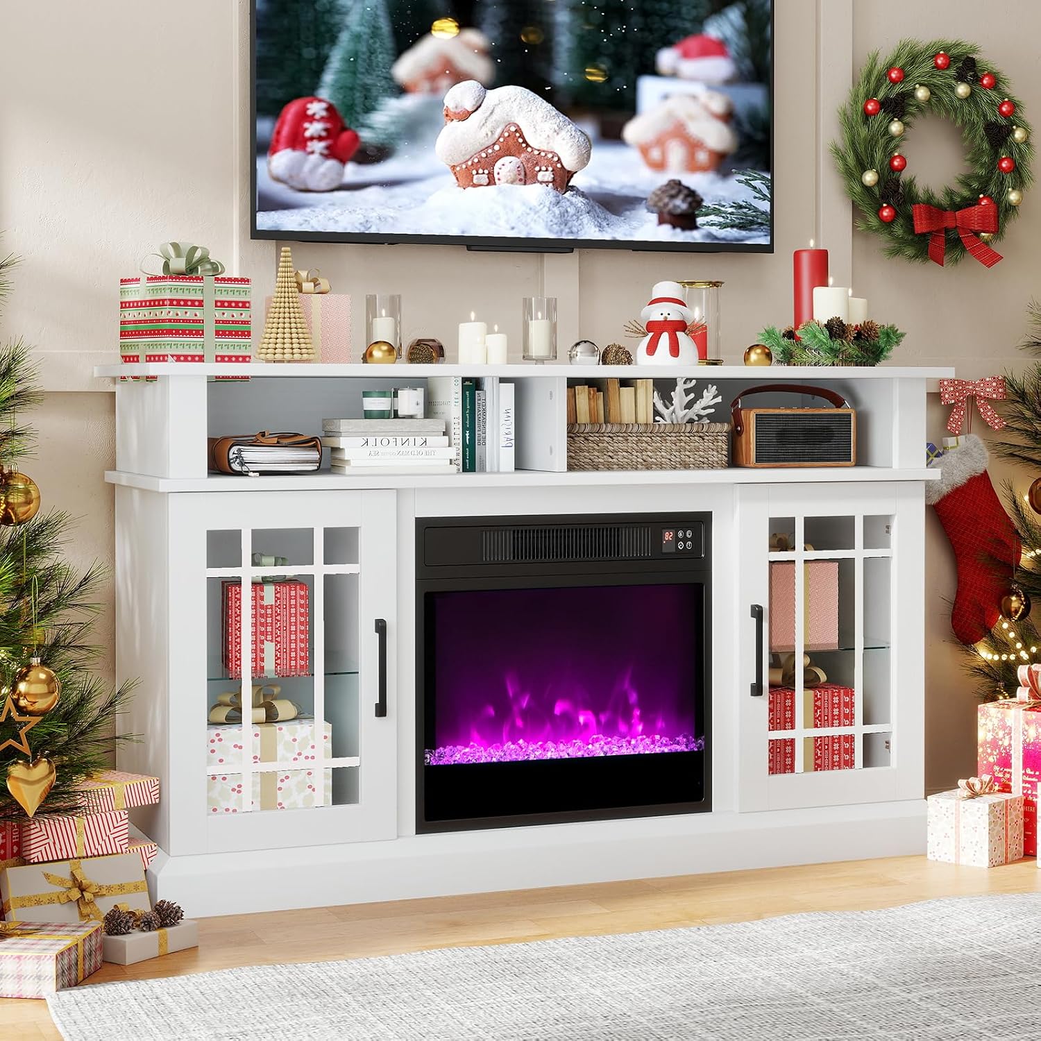 COSTWAY Electric Fireplace TV Stand for TVs Up to 55 Inches with LED Lights, 1400W Fireplace Insert with Remote, 48-Inch Wooden Media Entertainment Center with Adjustable Shelves, White