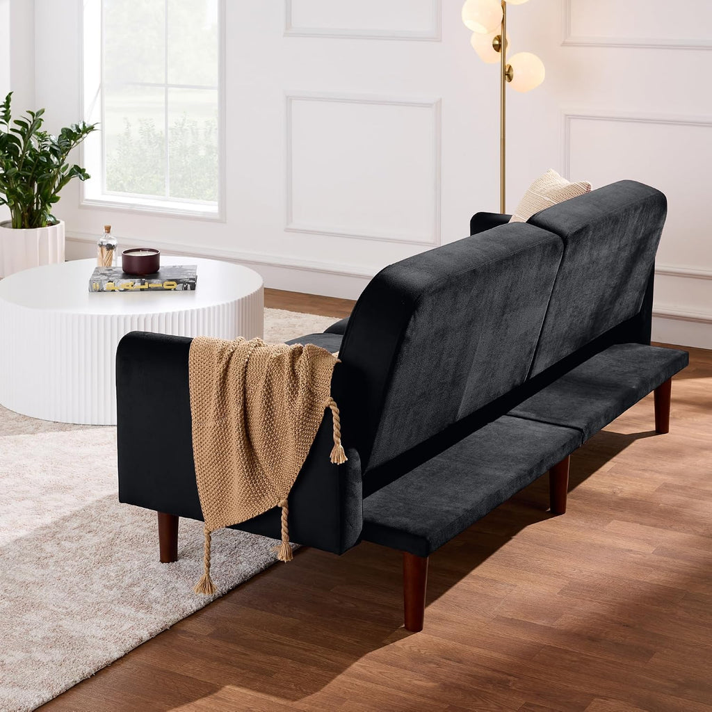 Best Choice Products 77' Mid Century Modern Velvet Loveseat Sofa, Couch, Convertible Sofa Sleeper Bed w/Real Wood, Removable Armrest - Onyx Black