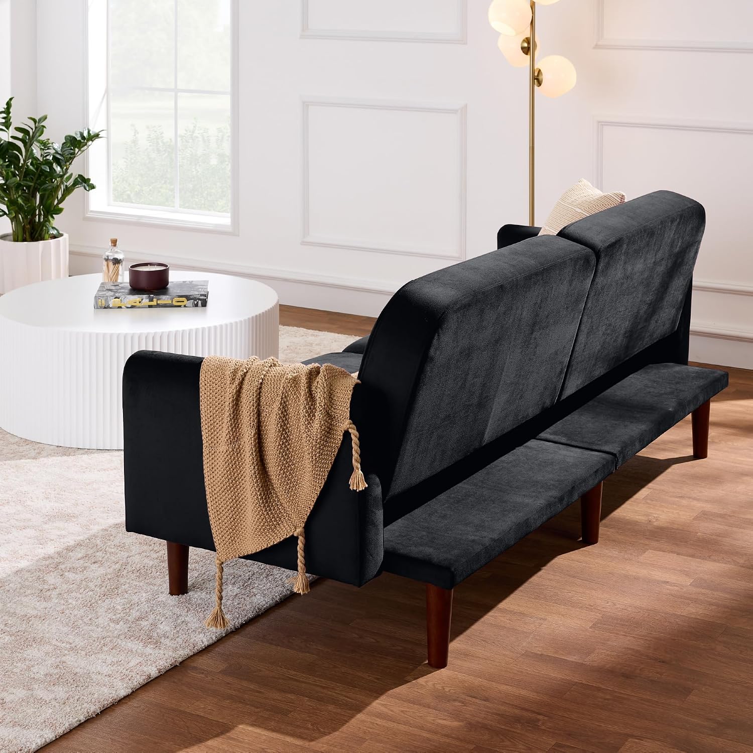 Best Choice Products 77' Mid Century Modern Velvet Loveseat Sofa, Couch, Convertible Sofa Sleeper Bed w/Real Wood, Removable Armrest - Onyx Black
