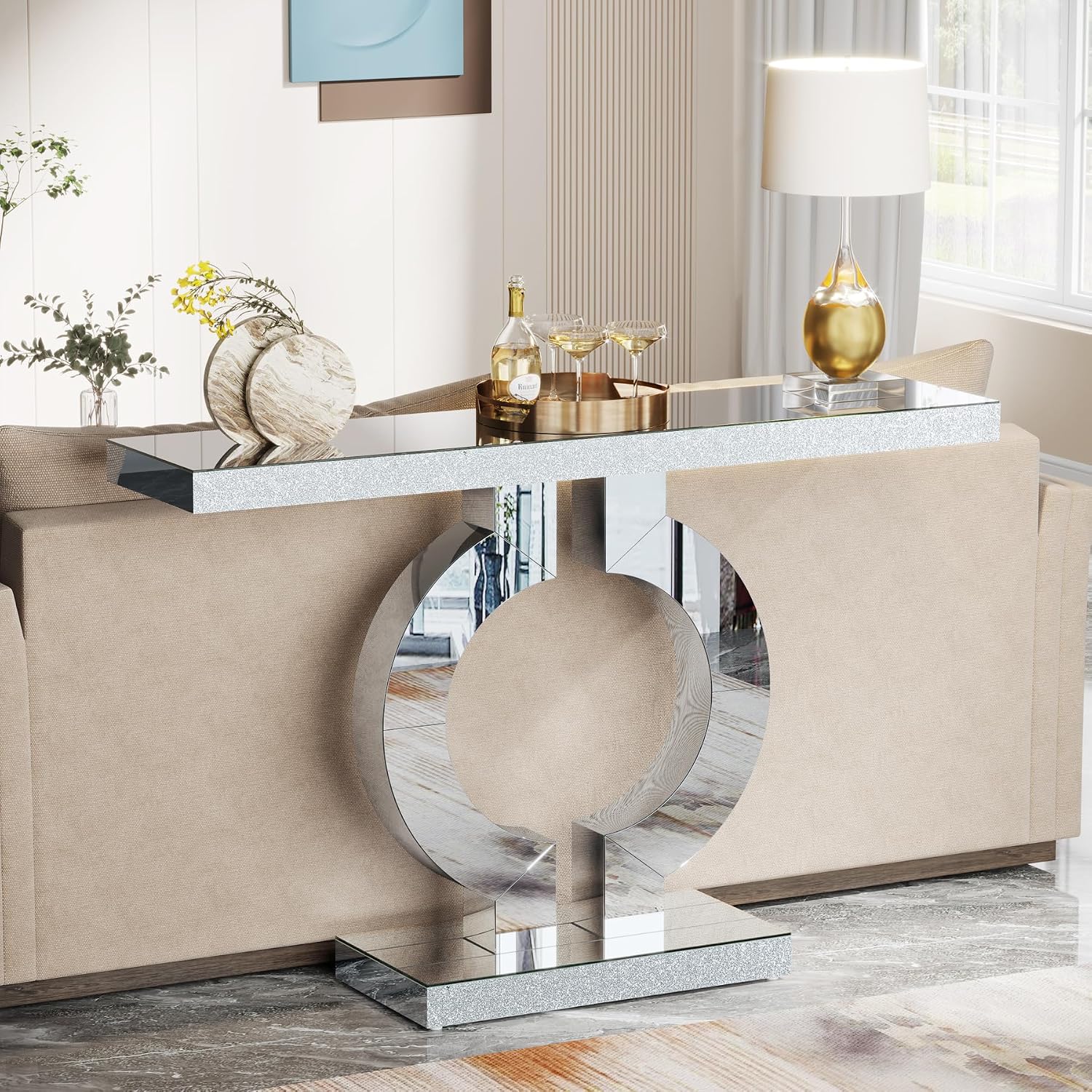 Tribesigns Modern Mirrored Console Table, Glass Sofa Table with Mirror Finish, 43-Inch Entryway Table with O-Shaped Base, Rectangular Accent Foyer Table for Living Room Hallway Entrance (Silver)