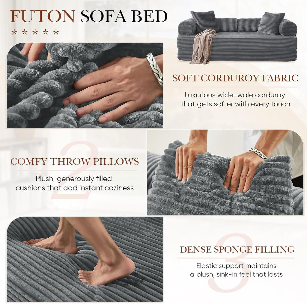 Antetek Modular Couch Bed, Convertible Folding Plush Corduroy Comfy Floor Compression Loveseat Sleeper Sofa Couch, King Size Bed for Guest Room Living Room Bedroom, No Assembly Required, Light Grey