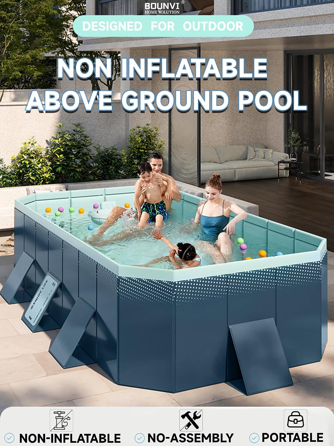 114' Non-Inflatable Foldable Swimming Pool for Family, Portable Above Ground Pool for Adults & Kids, Easy Setup for Outdoor, Backyard, Garden, Camping - Durable PVC(114'×70'×20', Std)