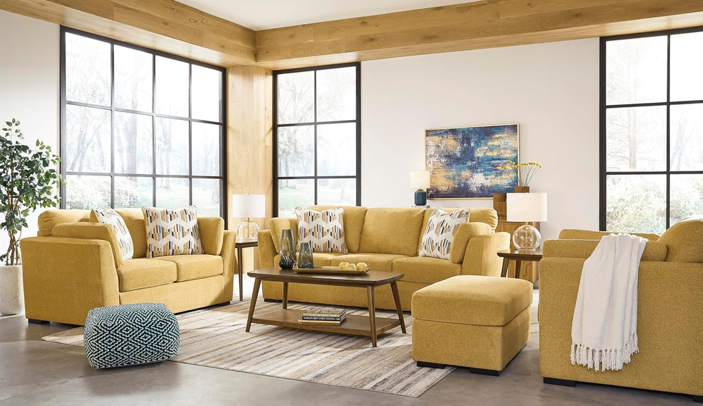 Signature Design by Ashley Keerwick Scandinavian 2-in-1 Sofa Sleeper with Folding Gel Memory Foam Mattress and 4 Pillows, Queen, Yellow