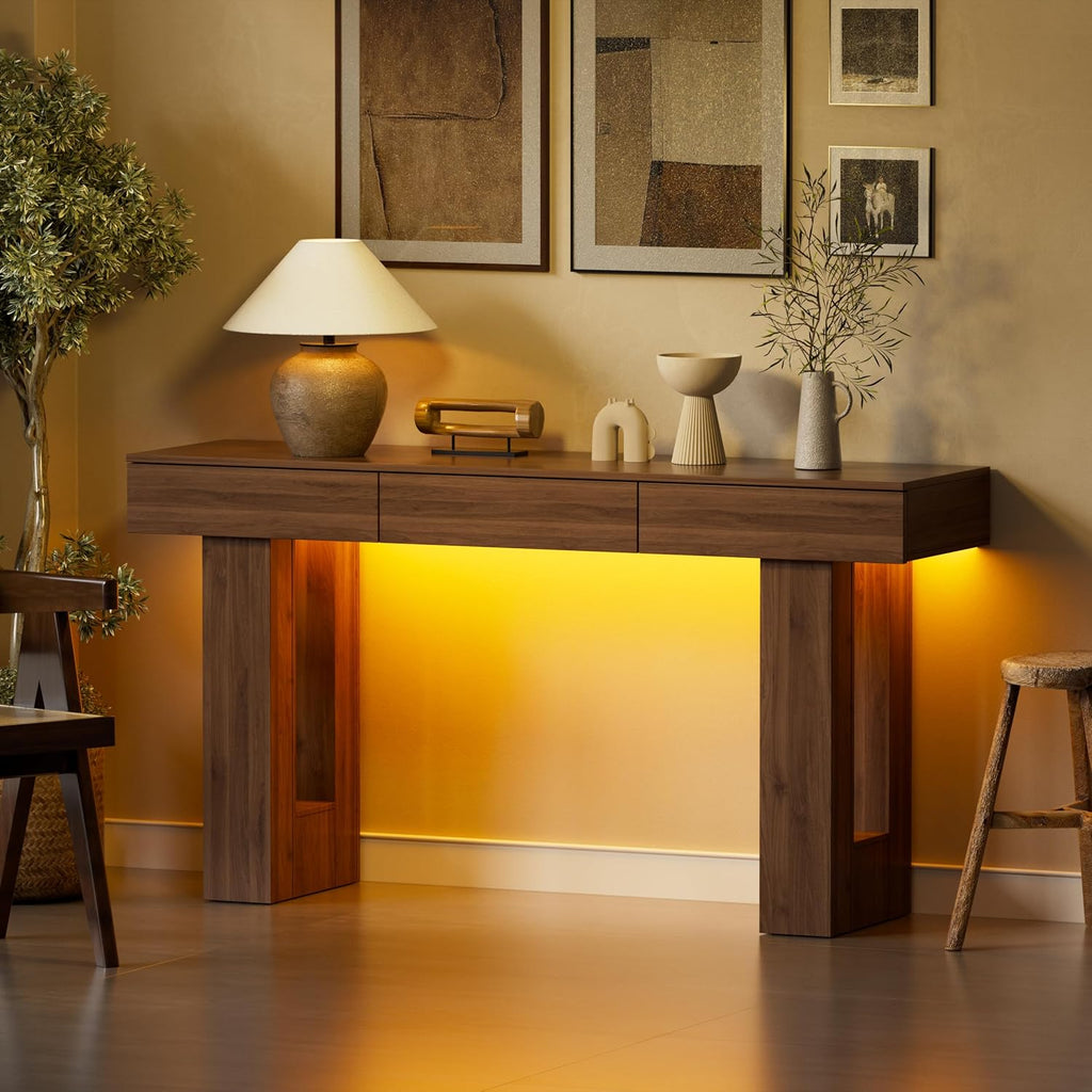 PAKASEPT 63-Inch Long Console Table with Colorful LED Lights and 3 Drawers, Wooden Rectangular Sofa Table Behind The Couch, Farmhouse Entryway Table for Entrance, Hallway, Living Room