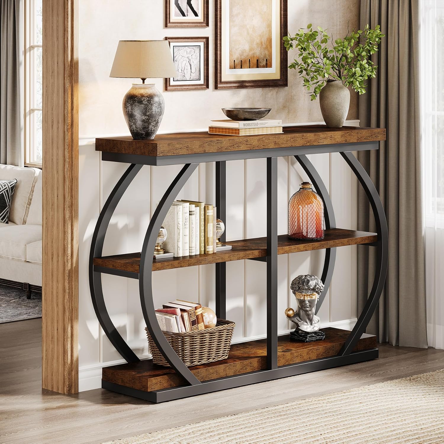 Tribesigns 41.3' Console Table, Industrial 3-Tier Entryway Table with Arched Metal Frame and Storage Shelves for Living Room, Hallway, Rustic Brown