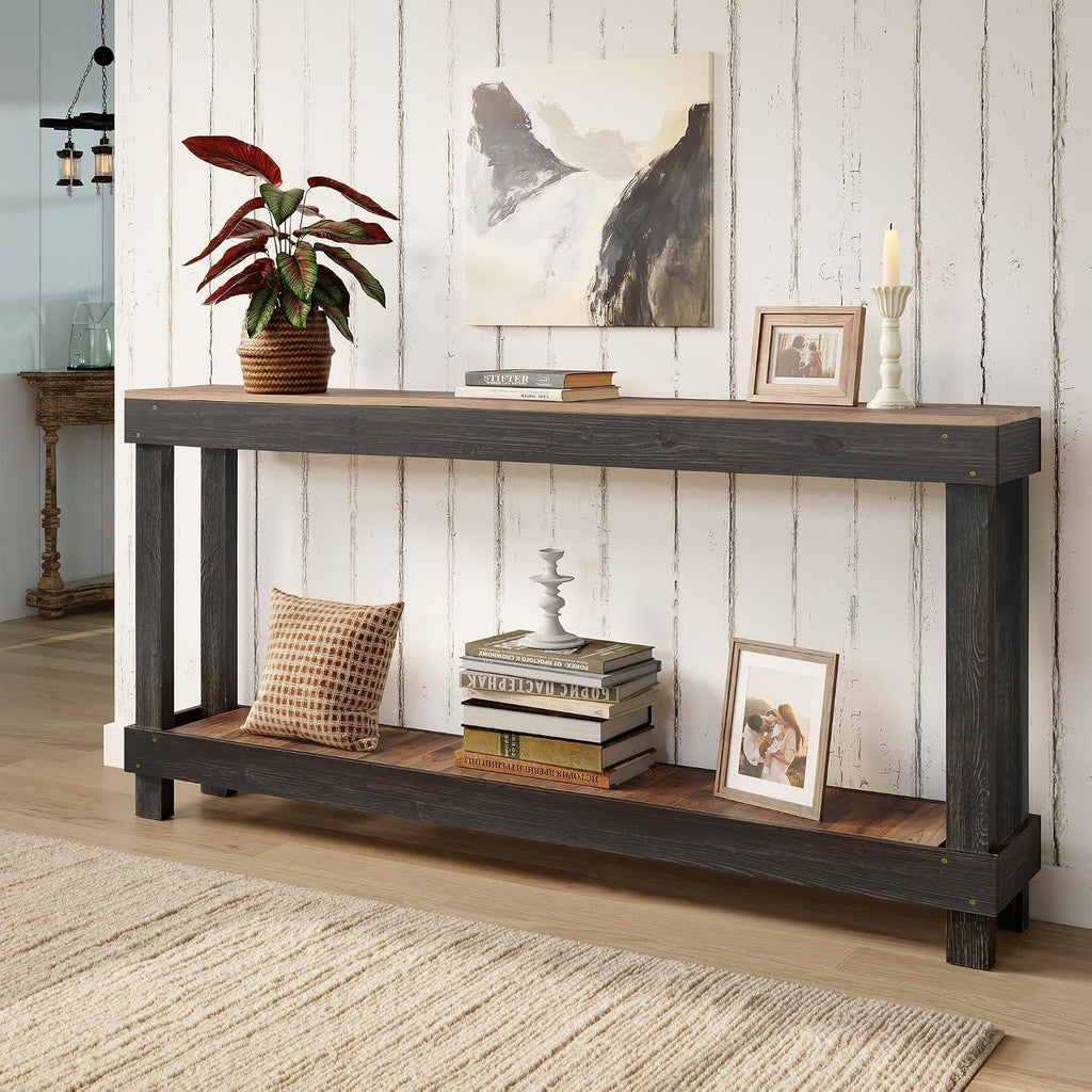 Rustic Farmhouse Console Table with 2 Tiers - Distressed Reclaimed Wood Entryway Sofa Table, Narrow Long Behind Couch Table for Living Room & Bedroom,60x30x10 Inch,Black