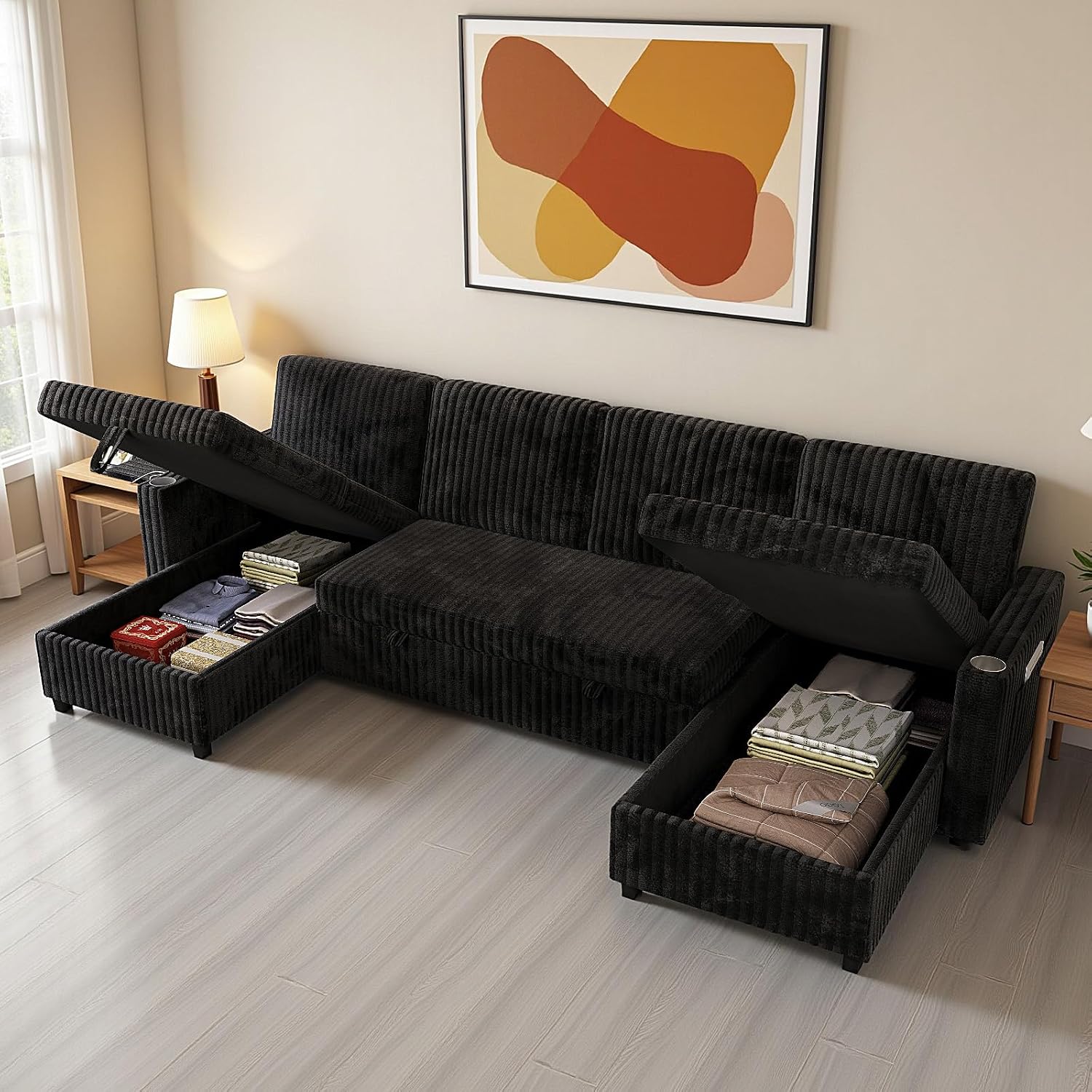 Sleeper Sectional Sofa, 110' Modern U Shaped Couch with Pull Out Bed, Convertible Corduroy Cloud Sofa with Double Storage Chaise, USB, Small Desktop, Comfy Modular Couch for Living Room, Black