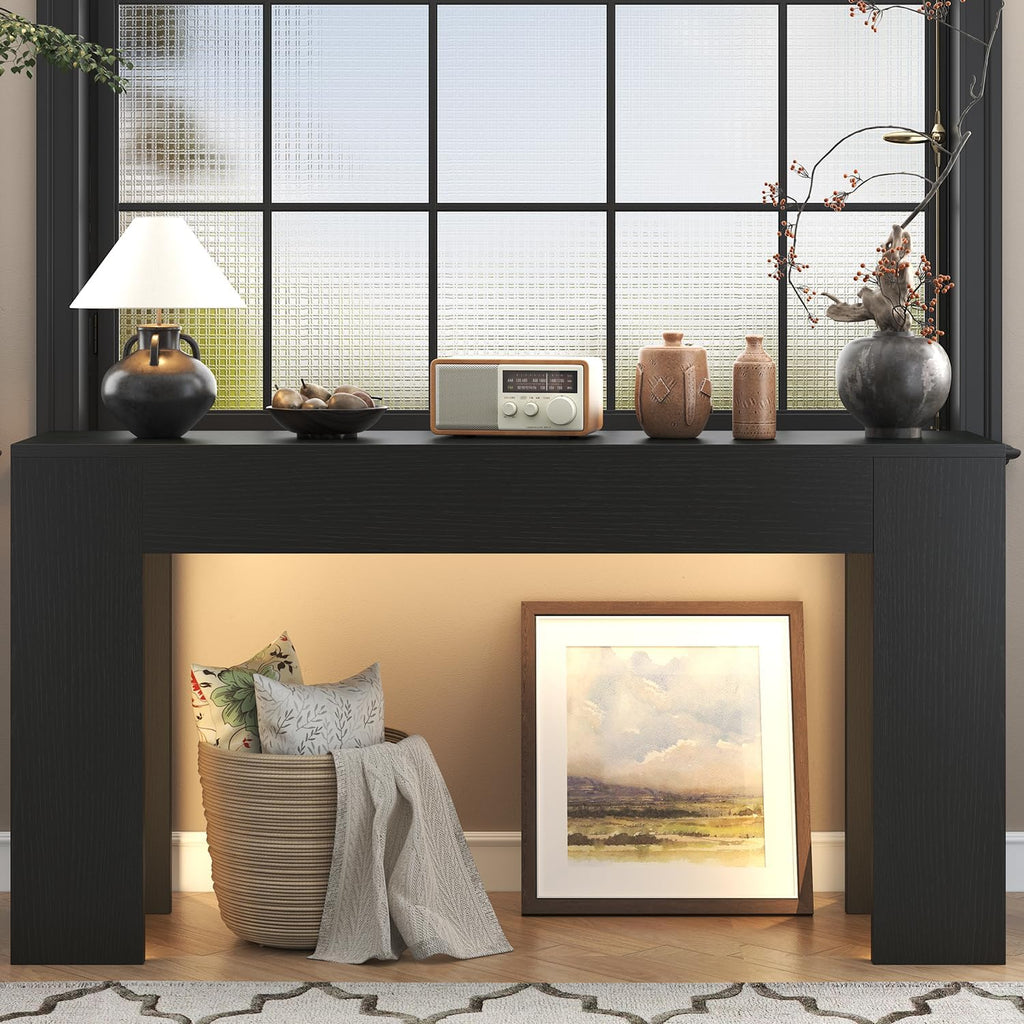knoworld 63-Inch Long Console Table with LED Light, Farmhouse Sofa Table Behind Couch, Wooden Console Table for Entryway Hallway Entrance Living Room, Black
