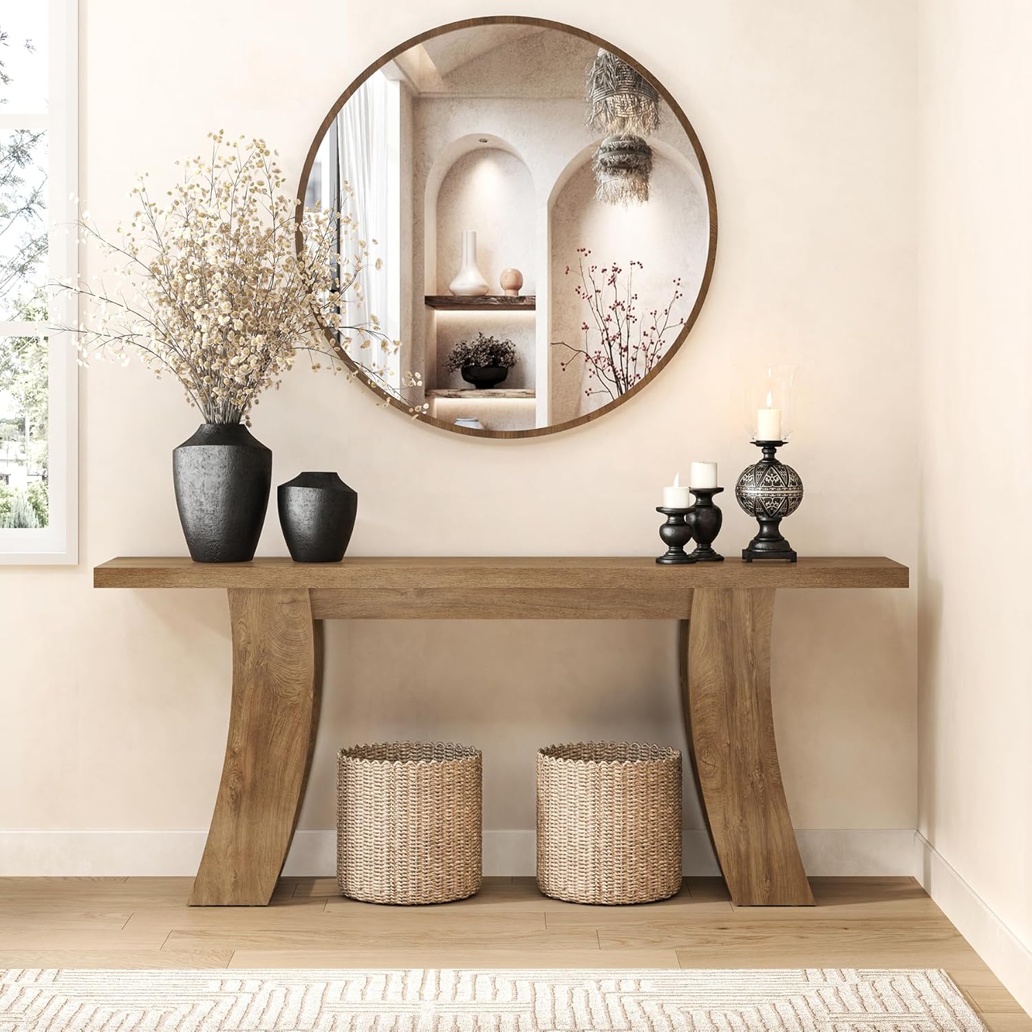 Epecoya 70.9-Inch Wood Console Table for Entryway Living Room, Extra Long Rectangular Natural Sofa Tables with Farmhouse Wooden Curved Base for Home Hallway Couch Foyer Entrance, Light Brown Oak