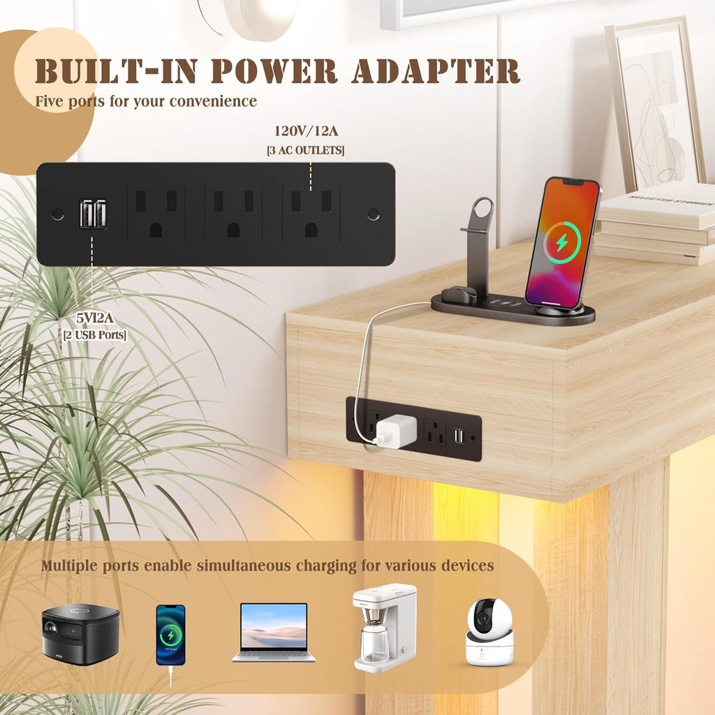 Grepatio 63 Inch Entryway Console Table, Wood Entry way Table with LED Light, Long Console Table with USB Power Outlet, Narrow Sofa Behind Couch Tables for Entrance, Hallway, Living Room (LED Natural)