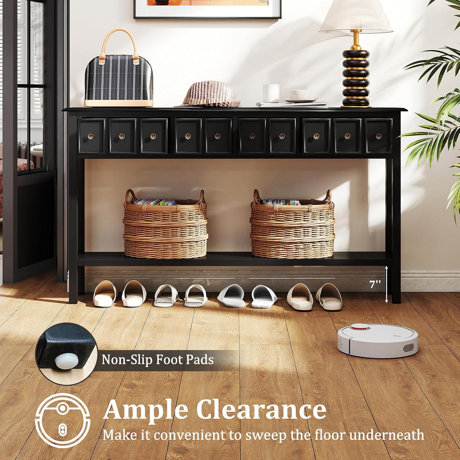 Giantex 60' Entryway Table, Long Narrow Console Table with 4 Drawers and Open Storage Shelf, Modern Slim Entry Tables, Farmhouse Wooden Sofa Tables with Anti-Tip Kit for Living Room, Hallway (Black)