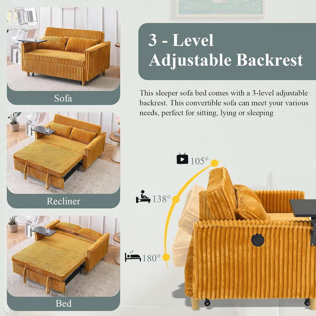 54'W Convertible Sleeper Sofa Bed,3-In-1 Corduroy Pull Out Couch Bed,Futon Loveseat Sleeper Couch with Adjustable Backrest & USB Port & Side Table,Recliner for Living Room/Office/Small Space(Yellow)