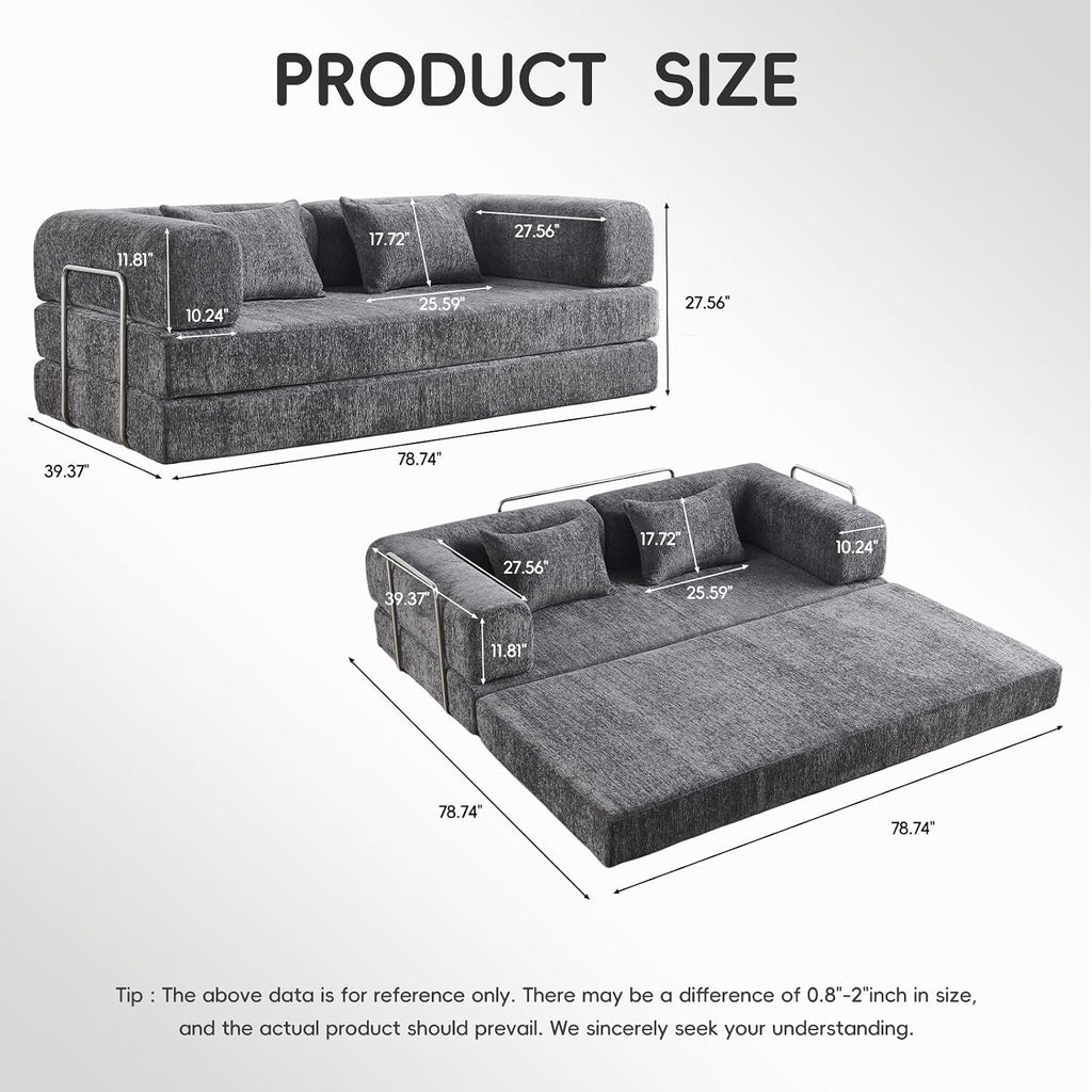 5-in-1 Convertible Folding Sofa Bed, 79' Queen Chenille Boneless Couch with Removable Armrests, No Assembly Loveseat Sleeper Sofa, Modular Futon Couch for Living Room & Bedroom, Dark Grey
