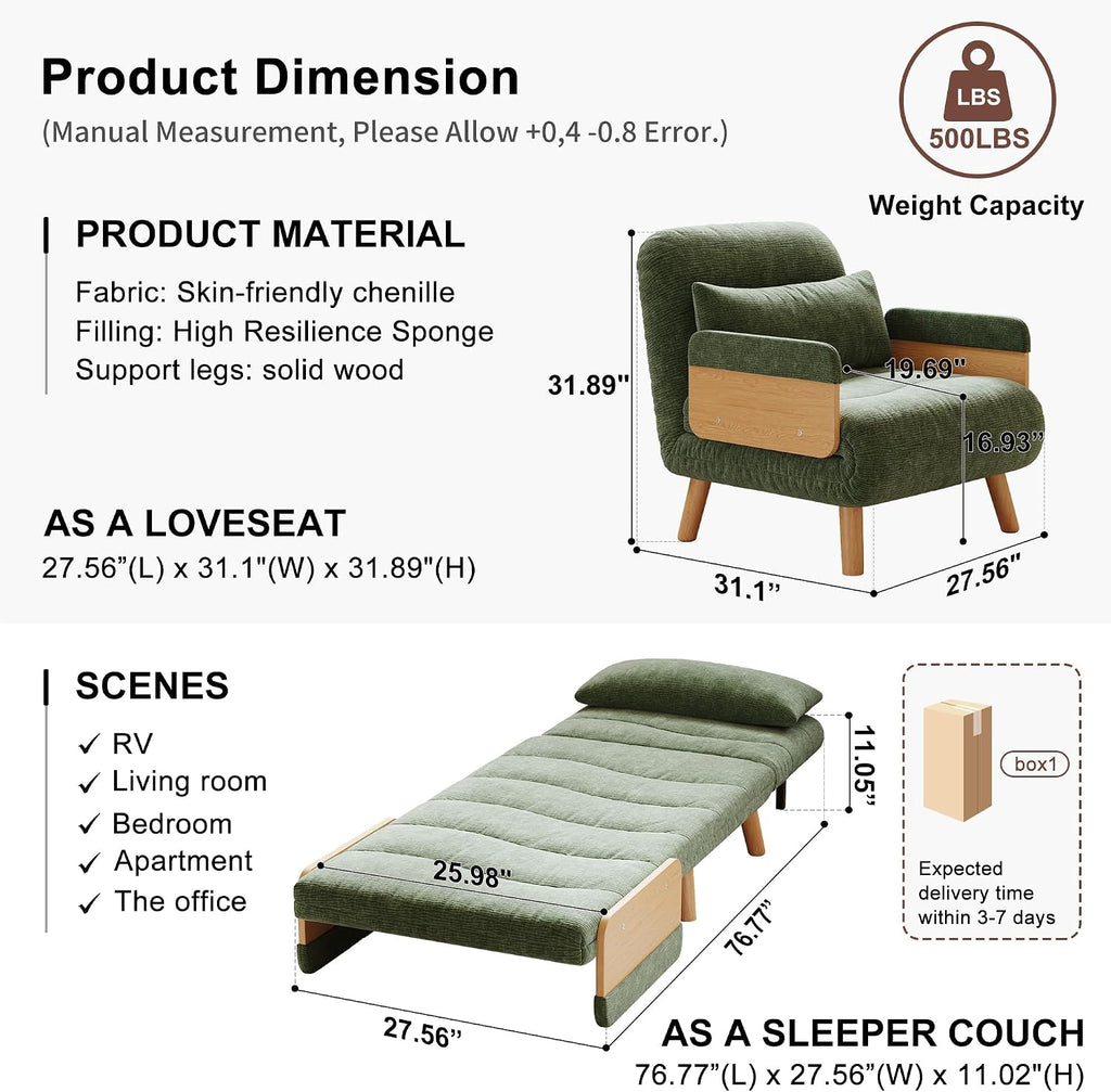 Sleeper Convertible Sofa Bed, 3-in-1 Folding Sofa Bed Chair with Adjustable Backrest, Thick Cushioned Seat, futon Sofa Bed for Small Spaces,Bedrooms & Offices(Green,27.56)