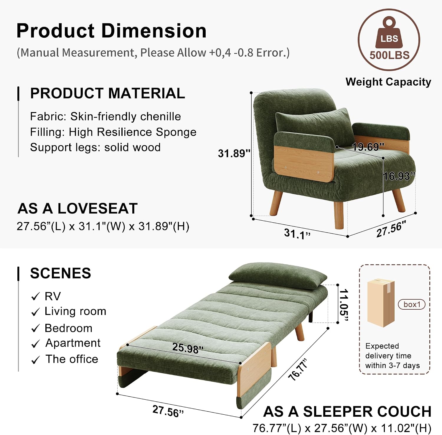 Sleeper Convertible Sofa Bed, 3-in-1 Folding Sofa Bed Chair with Adjustable Backrest, Thick Cushioned Seat, futon Sofa Bed for Small Spaces,Bedrooms & Offices(Green,27.56)