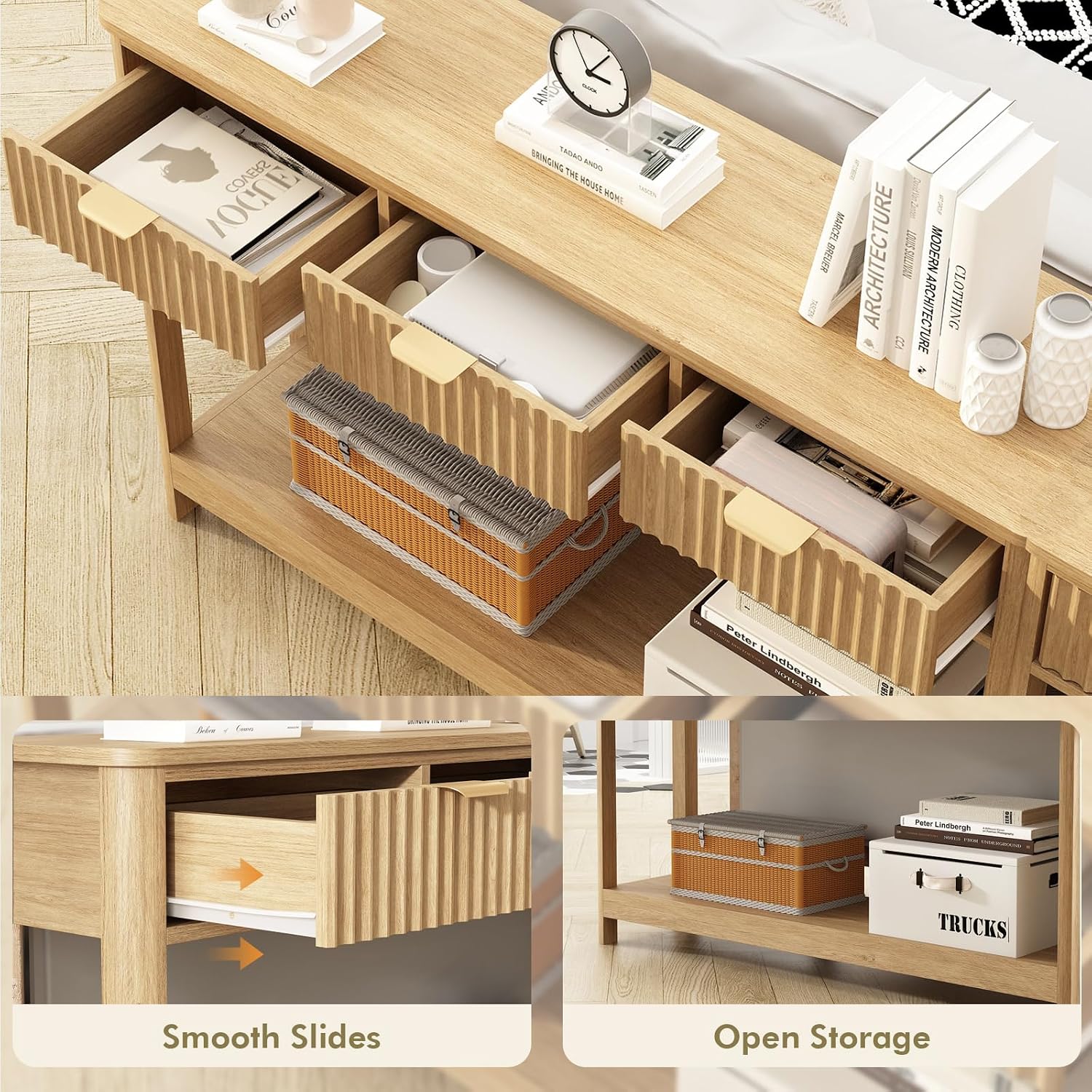 HOKYHOKY Fluted Console Table with Drawers, Modern 47.1' Entryway Table with Storage Shelf, Boho Narrow Skinny Behind Couch Wood Sofa Table for Living Room Hallway Entrance Foyer, Natural
