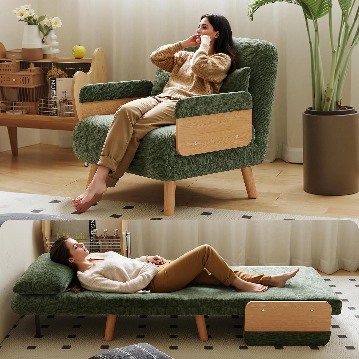 Sleeper Convertible Sofa Bed, 3-in-1 Folding Sofa Bed Chair with Adjustable Backrest, Thick Cushioned Seat, futon Sofa Bed for Small Spaces,Bedrooms & Offices(Green,27.56)