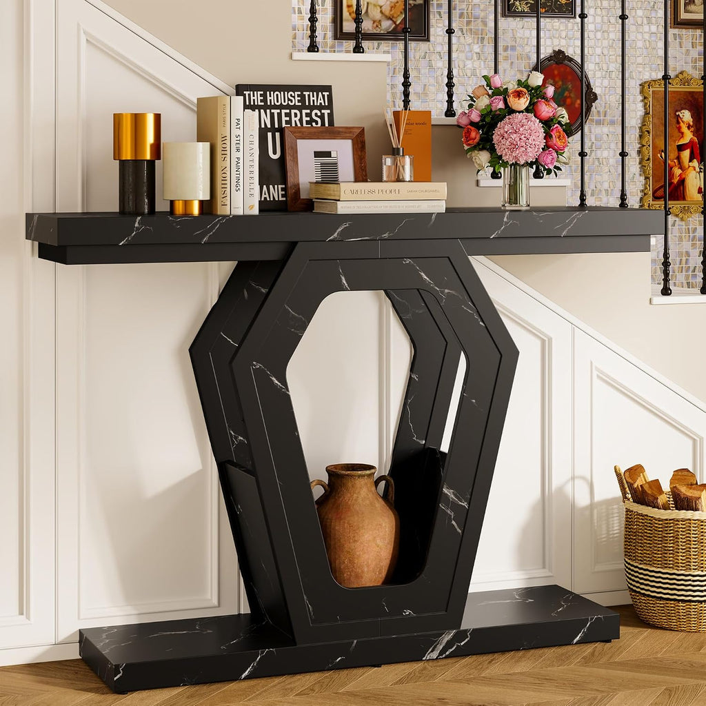 FUSUNBAO 47.3' Console Table,Openwork Bracket Sofa Table, Wood Narrow Entryway Table for Hallway, Behind The Couch, Living Room, Foyer, Easy Assembly (Black Marble Texture)