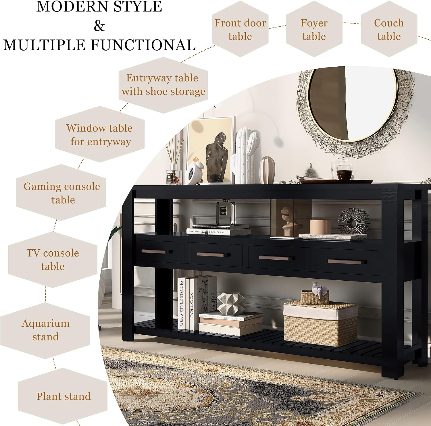 LKTART Console Table for Entryway with 4 Drawers,61.5'' Long Sofa Table with 3-Tier Open Shelves,Entry Table for Hallway,Foyer,Living Room,Black