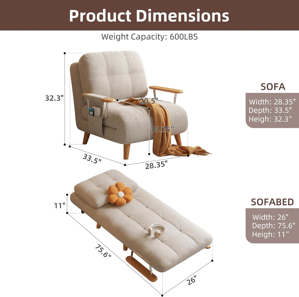 Convertible Lounger Fold-Out Sofa Bed, 3-in-1 Sleeper Sofa，Adjustable Backrest, Modern-Style Sofa for Small Spaces, Bedrooms & Offices(Beige,28.35)