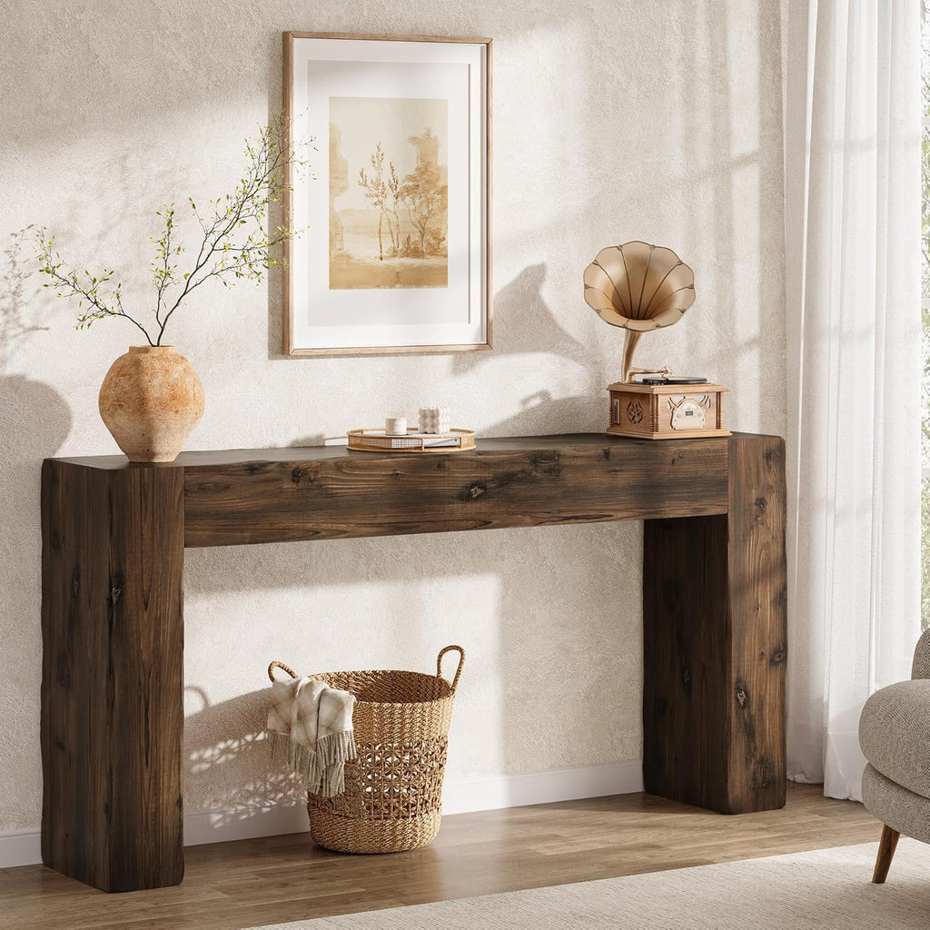 Solid Wood Console Table, 63-Inch Farmhouse Sofa Table Behind Couch for Entryway, Living Room, Foyer, Easy Assembly (Dark Brown)