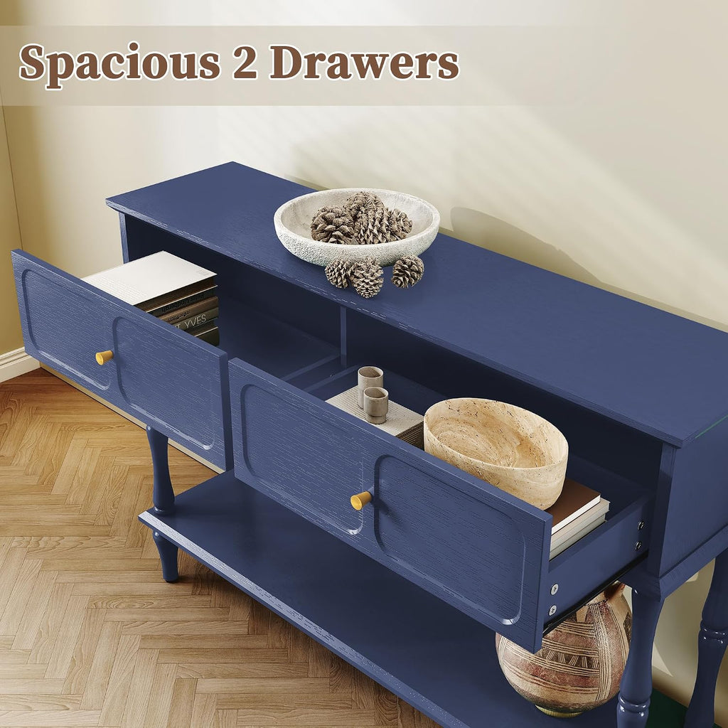 ARTPOWER Console Table with Drawers for Entryway, Mid-Century Entryway Table with Storage, Blue Narrow Entryway Table with Open Shelf Behind Sofa for Living Room, Foyer, Hallway