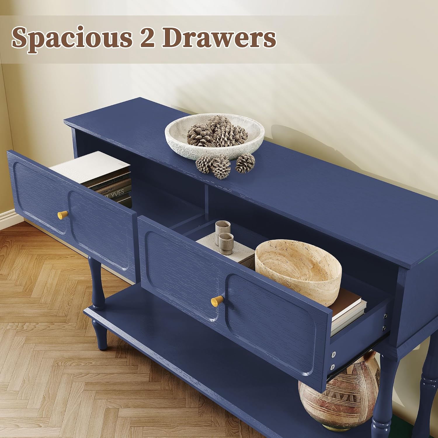 ARTPOWER Console Table with Drawers for Entryway, Mid-Century Entryway Table with Storage, Blue Narrow Entryway Table with Open Shelf Behind Sofa for Living Room, Foyer, Hallway