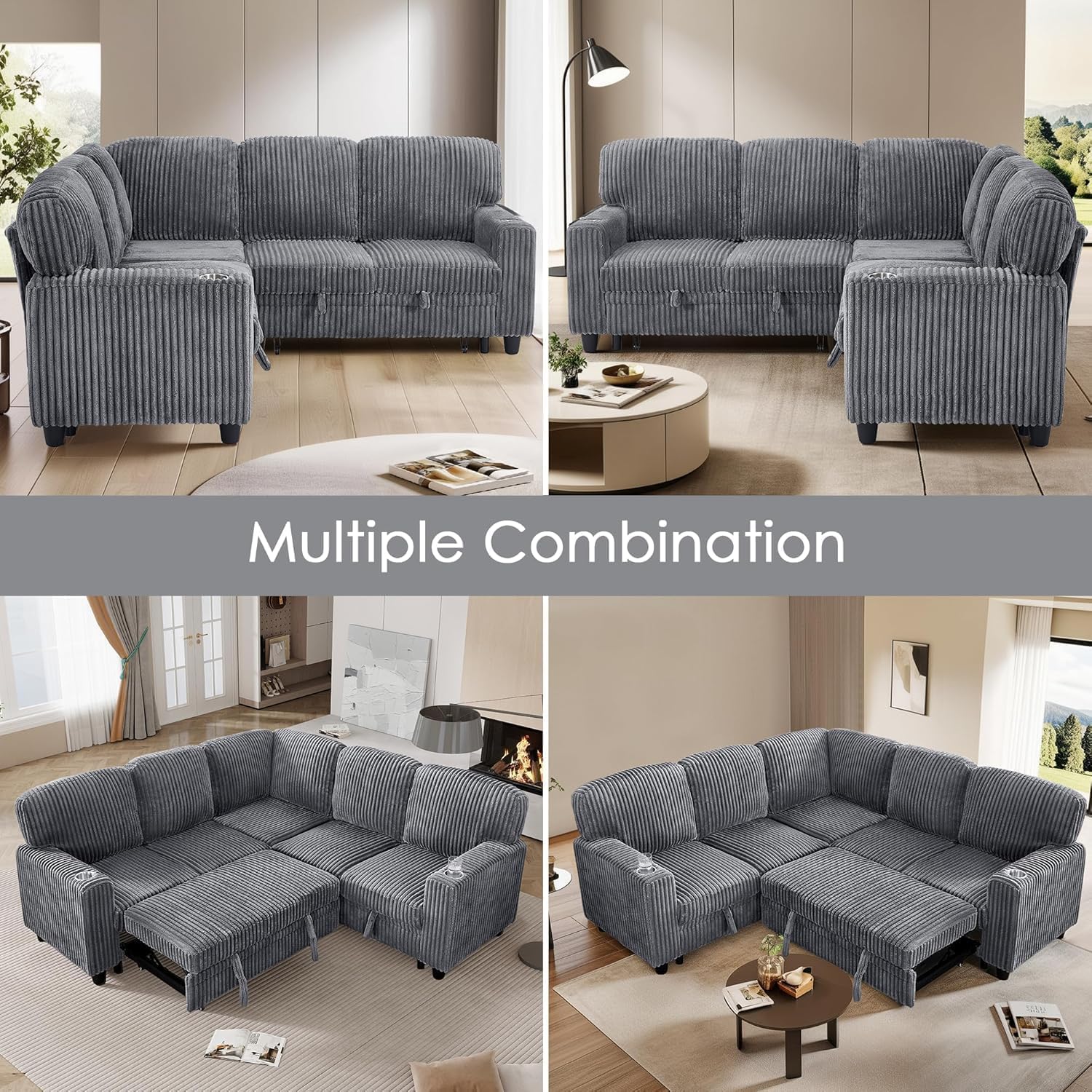 81' Modular Sectional Sofa, L Shaped 5-Seater Sleeper Sofa with Pull Out Bed, Hidden Storage, Cup Holders & USB Charging Ports, Sectional Couches for Living Room, Corduroy, Grey