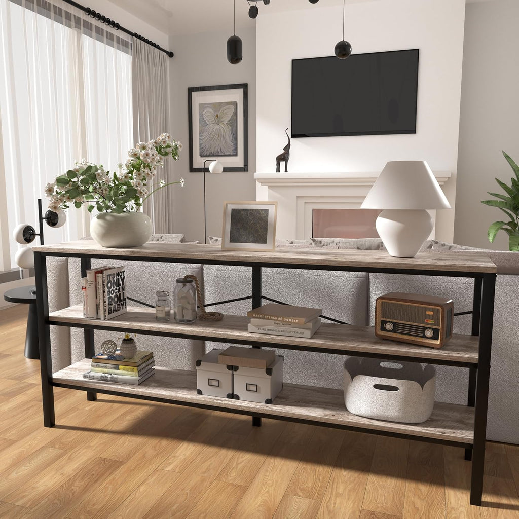 71 Inch Industrial Console Table Behind Couch, Extra Long Sofa Table with 3 Tier Wood Storage Shelves, TV Table with Metal Frame for Living Room, Foyer, Hallway (Oak Grey)