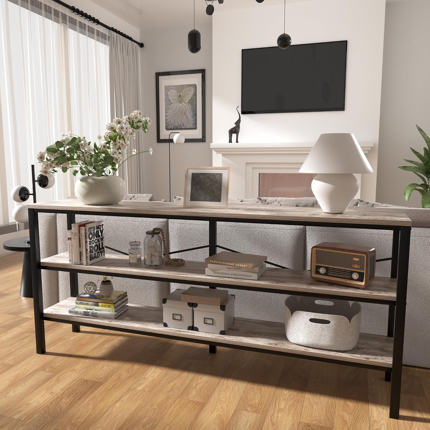 71 Inch Industrial Console Table Behind Couch, Extra Long Sofa Table with 3 Tier Wood Storage Shelves, TV Table with Metal Frame for Living Room, Foyer, Hallway (Oak Grey)